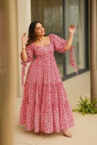 KIKA POSHAAK Women’s Floral Maxi Dress | Puff Sleeve Tiered Long Frock | Boho Style Square Neck Anarkali Dress | Summer Casual & Beach Wear for Women – Red & White