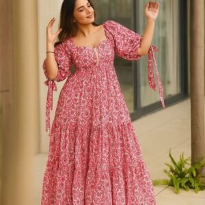 KIKA POSHAAK Women’s Floral Maxi Dress | Puff Sleeve Tiered Long Frock | Boho Style Square Neck Anarkali Dress | Summer Casual & Beach Wear for Women – Red & White